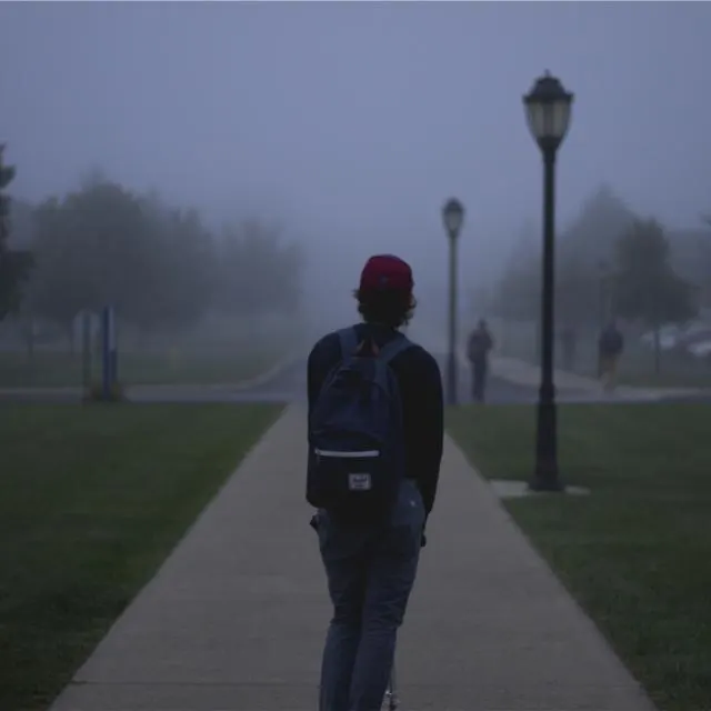 Alguien con mochila camina por un parque con niebla